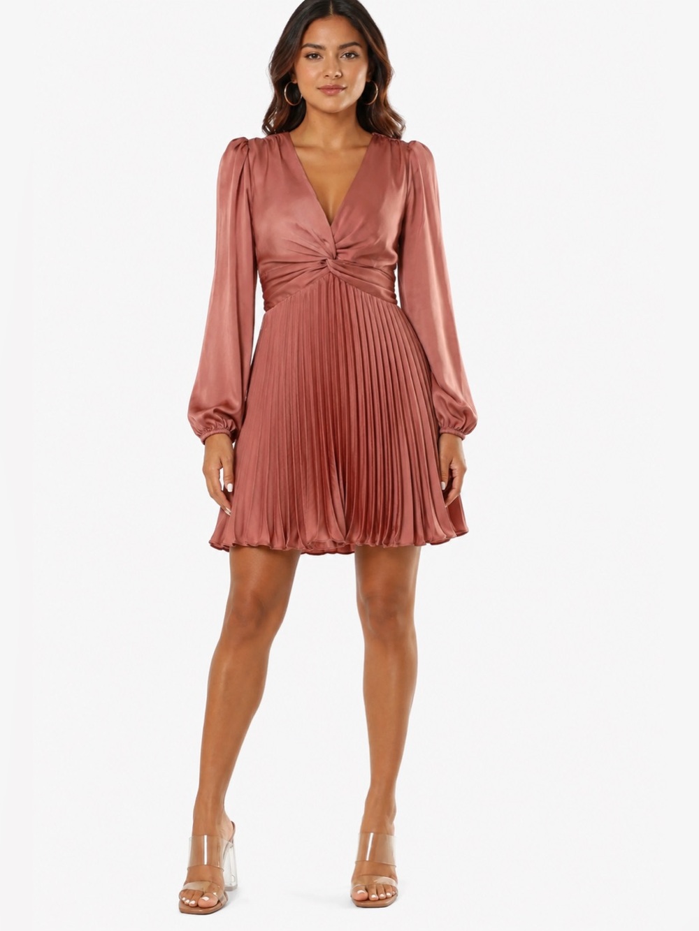 Adelyn Rae Pleated Twist Front Long Sleeve Mini Dress Mauve Pink Size S